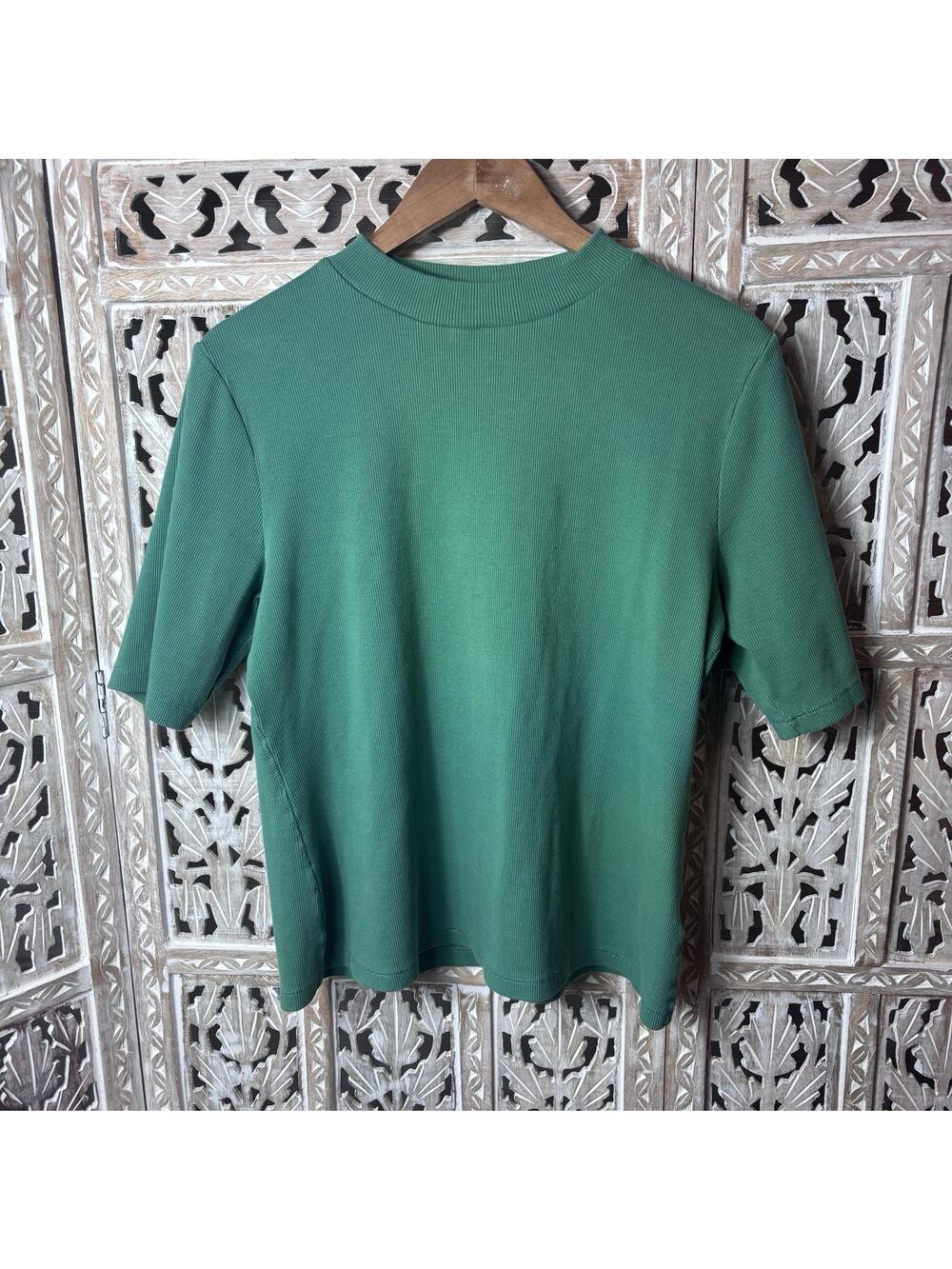 Maeve By Anthropology Green Elbow Sleeve Mock Neck Ribbed Top Modest Minimalist